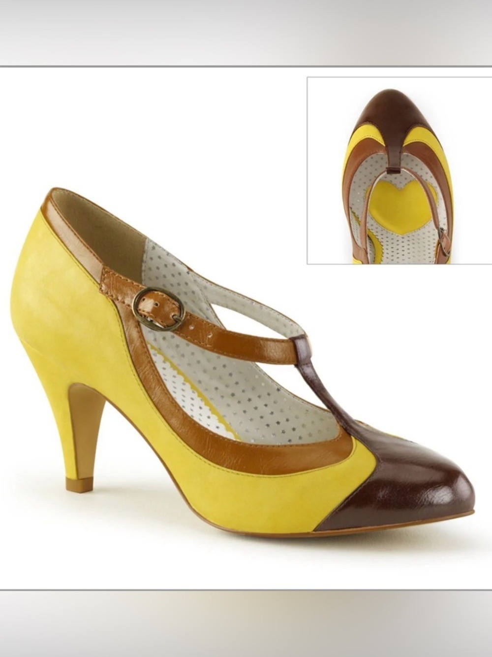 Retro Yellow Brown T-Strap Heels Pinup Couture Pumps Size 7 NWB